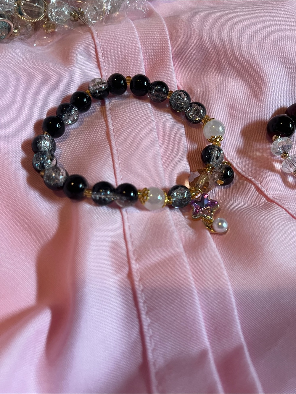 Elegant Black & Clear Beaded Charm Bracelet - Gold Accents set